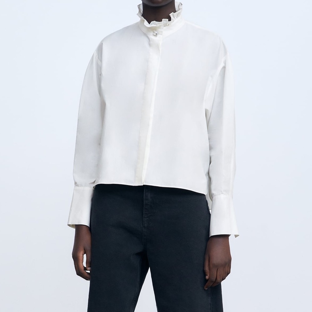 ZARA Jewel Ruffle Neck Victorian Poplin Dress Shirt/Blouse Size M Ecru NEW